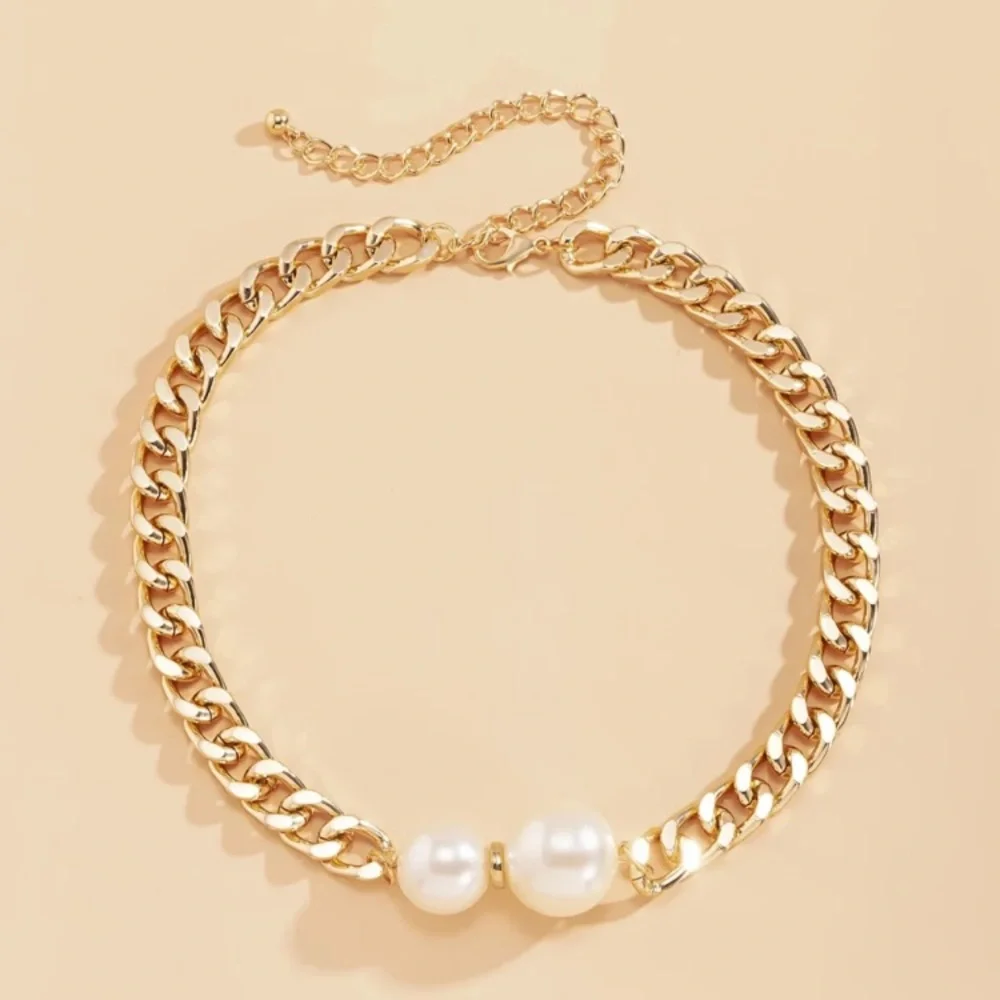 ⭐️ Gold Plated Cuban Chunky Big Simulated Pearl Necklace Choker